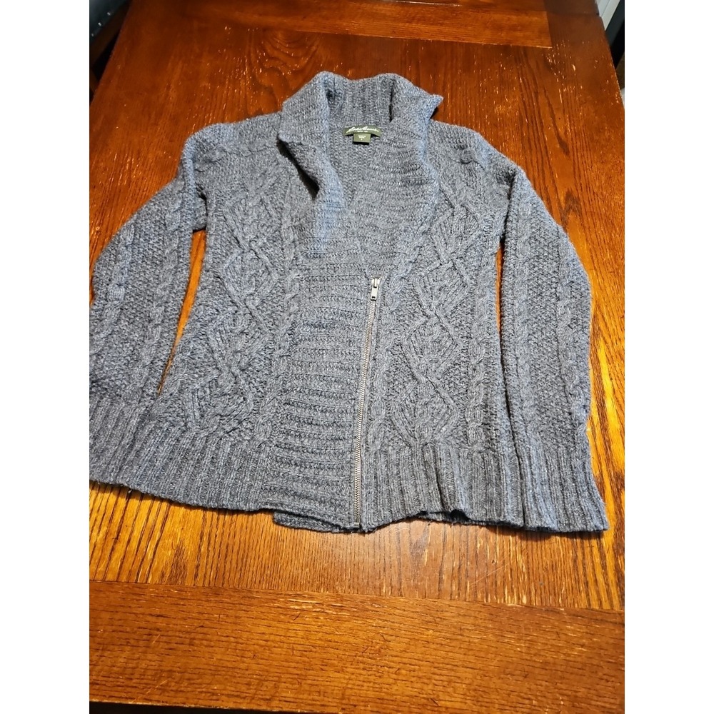 Eddie Bauer‎ Gray Cable Knit Zip Cardigan Sweater Shawl Size Small Wool (A646)